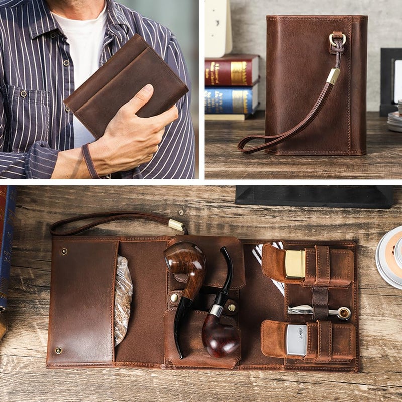 CONTACTS حقيبة سفر من جلد كامل الحبة لتبغ الأنابيب - منظم ملحقات أنابيب التدخين لعدد 2 أنابيب، ولاعة، سجائر، قهوة - Image 2